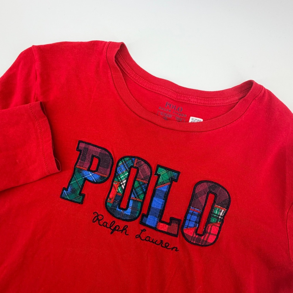 Polo Ralph Lauren Long Sleeve T-Shirt Kids‎ XL 16 Red Plaid Applique Logo Tee